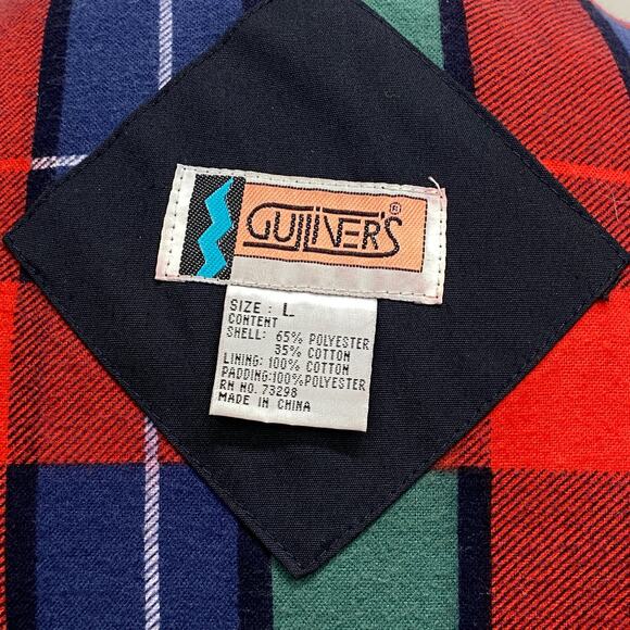 Vintage Gulliver's Navy Blue Diamond Quilted Vest Men's L Red Plaid Lining Snaps - Picture 3 of 12